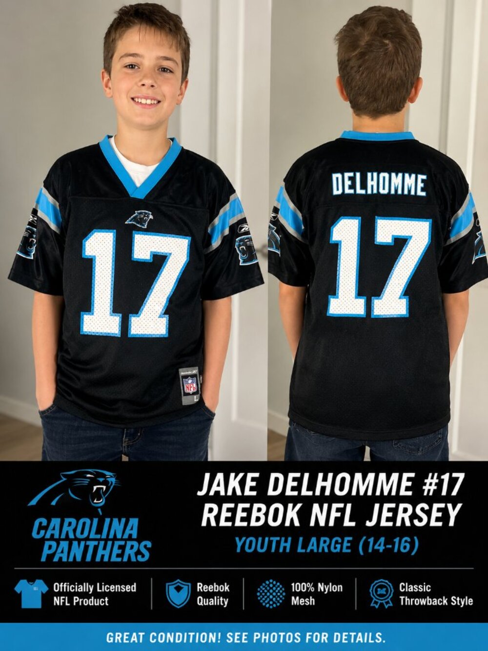 Carolina Panthers Jake Delhomme #17 Reebok NFL Youth L 14-16 Jersey